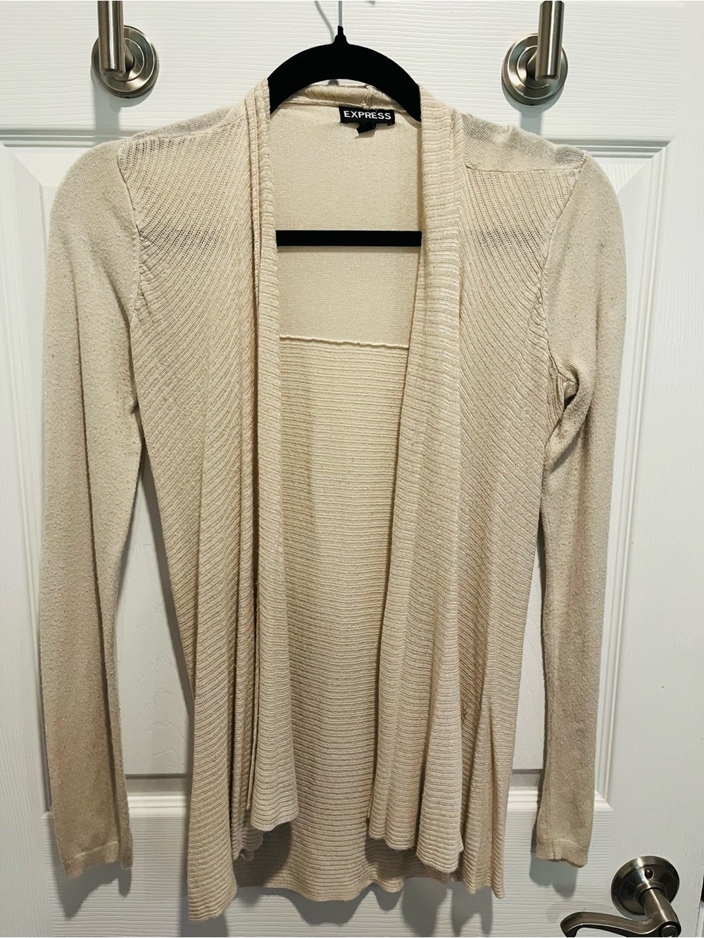 Express Cream Open-Front Ribbed Drape Cardigan